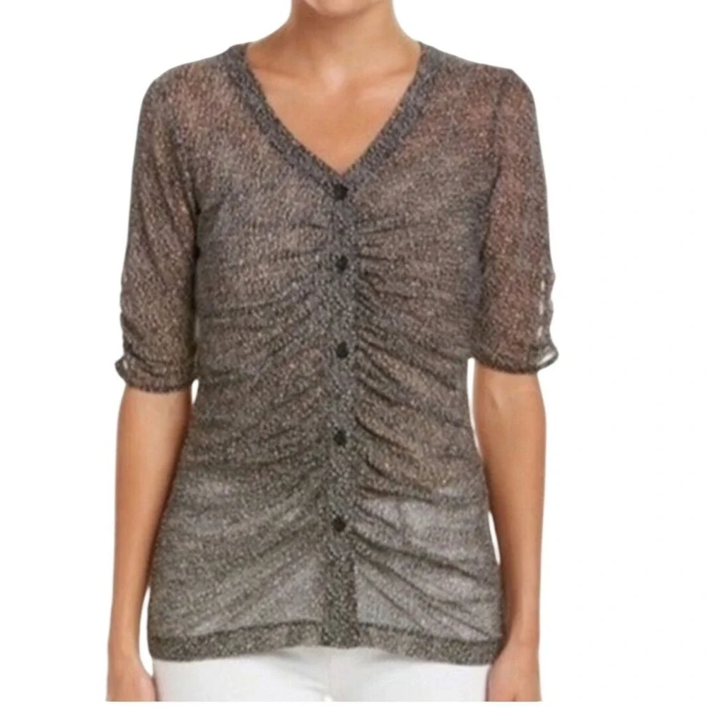 Cabi‎ V Neck Gathered Placket Mesh Animal Print Ruched Top Sz M Naked Top